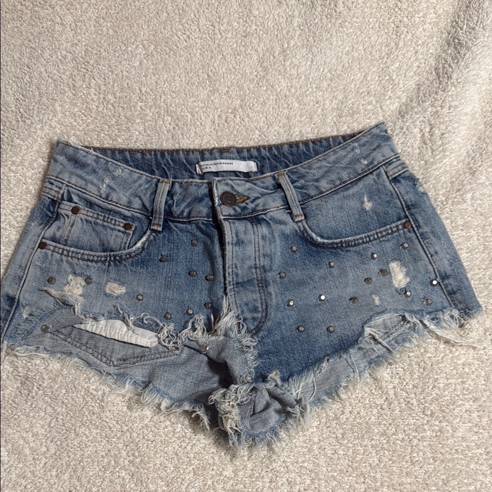 Zara Blue Distressed Jean Shorts with Rhinestone Embellishments